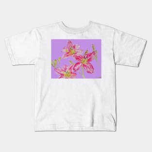 Pink Lily Flower Watercolor Painting Pattern - on Lilac Pink Kids T-Shirt